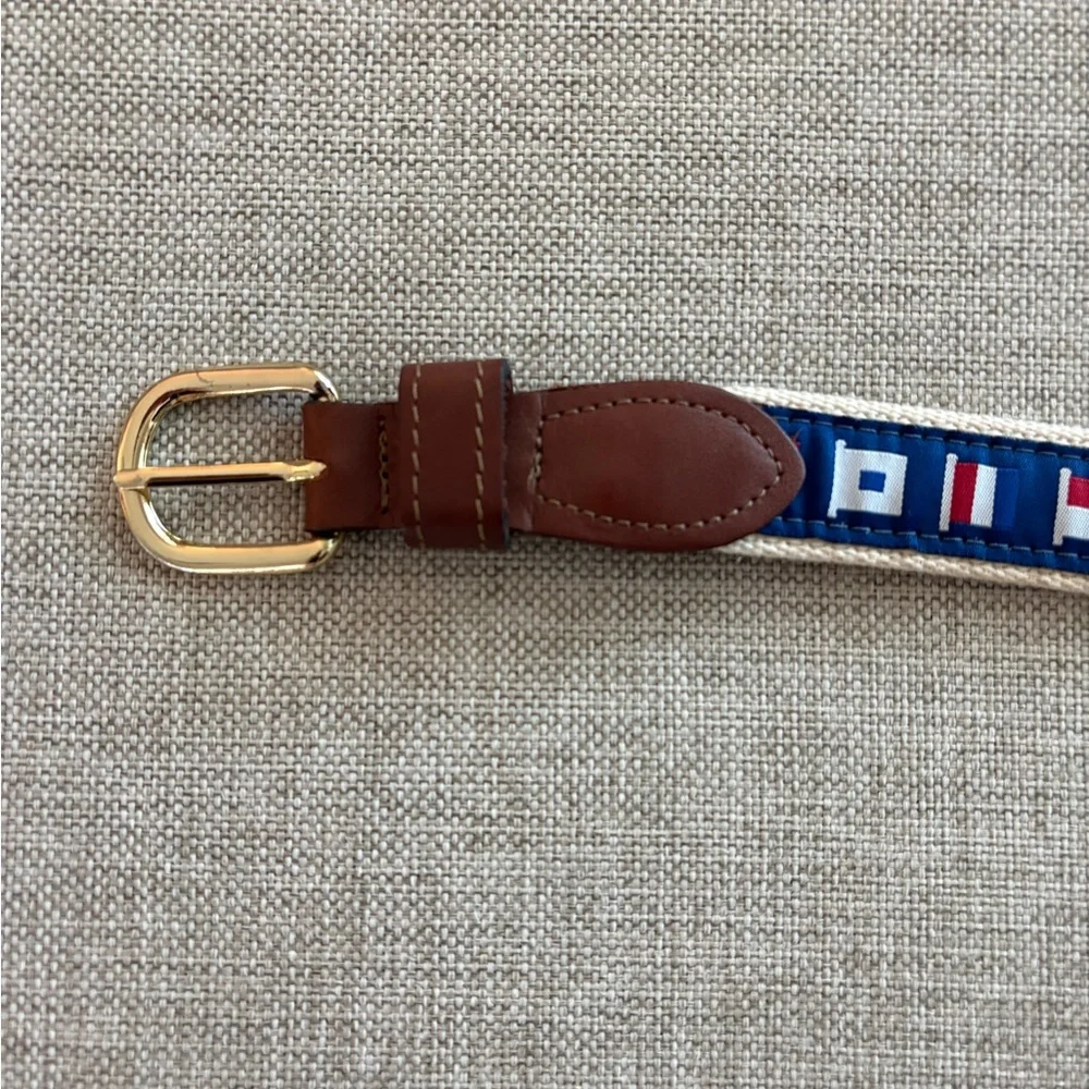 Navy Nautical Ribbon Canvas Belt with Brown Leather Trim